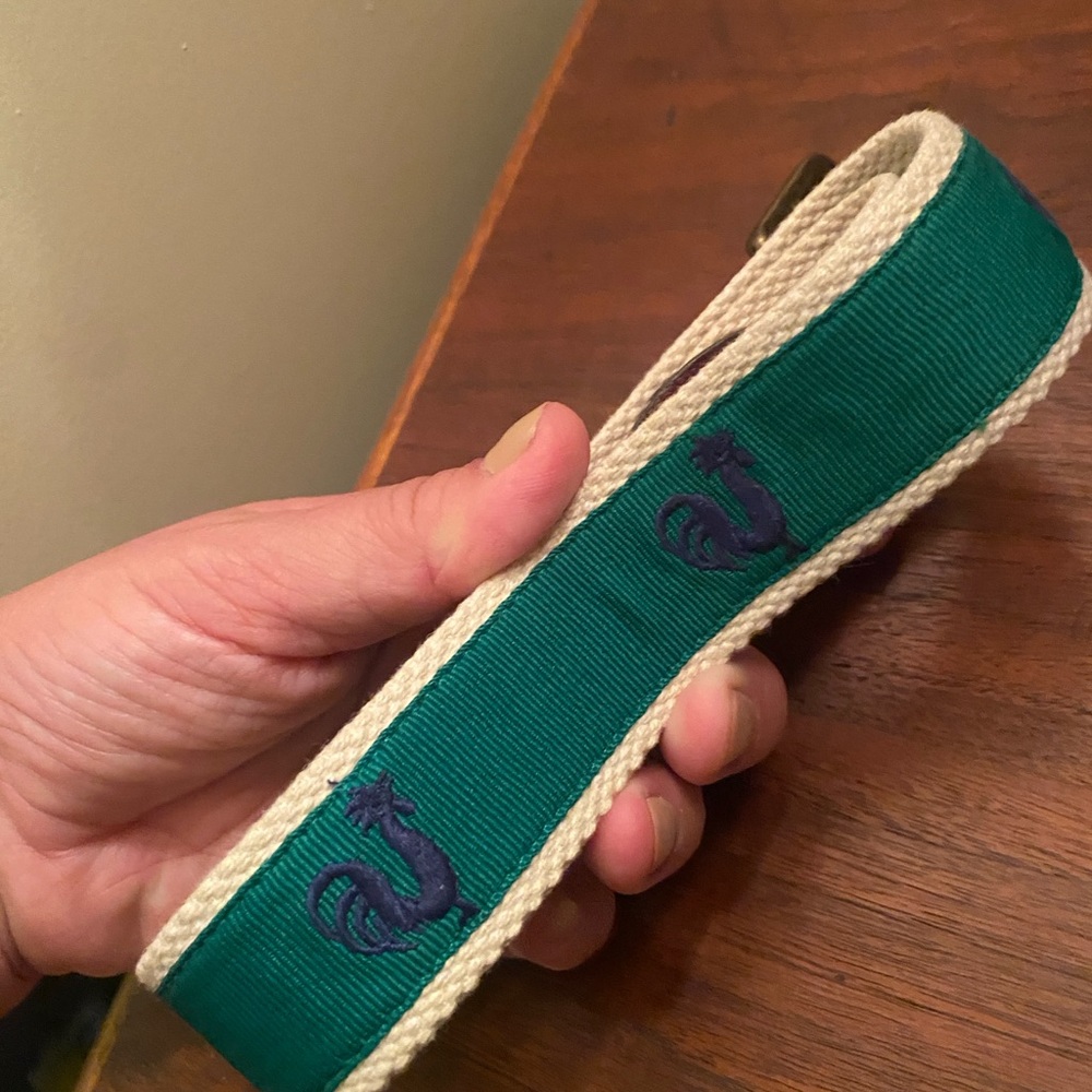 J.Crew Men’s Blue Rooster embroidered ribbon overlay adjustable belt | 36